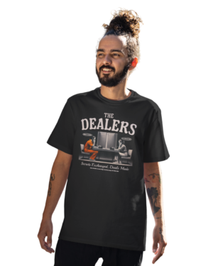 Home Black oversized graphic T-shirt featuring “The Dealers” artwork with a vintage interrogation scene and bold typography.