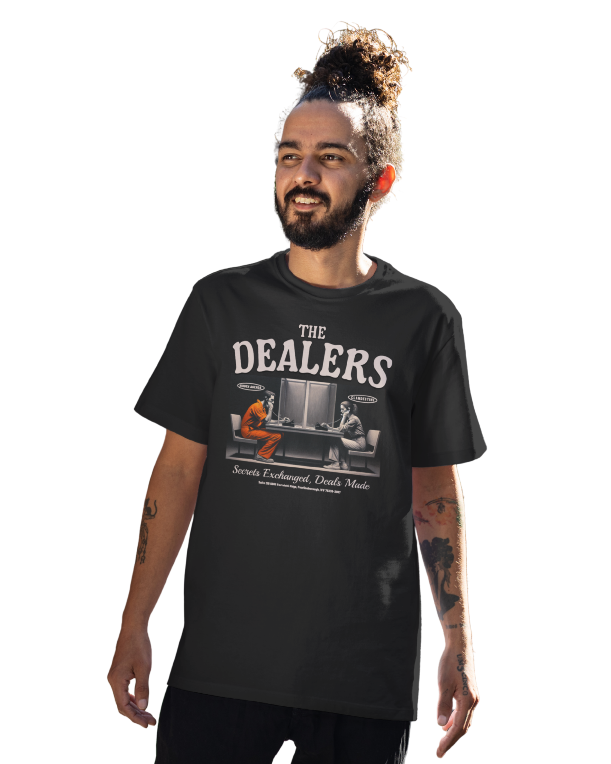 The Dealers Oversized Graphic T-Shirt | BoldFrogAperial Black oversized graphic T-shirt featuring “The Dealers” artwork with a vintage interrogation scene and bold typography.