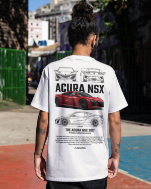 Home Front and back view of a white Acura NSX graphic T-shirt. The front features the Acura logo, while the back showcases detailed Acura NSX blueprint illustrations and a red Acura NSX sports car graphic. Modeled outdoors in a streetwear setting.