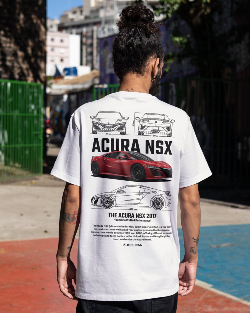 Front and back view of a white Acura NSX graphic T-shirt. The front features the Acura logo, while the back showcases detailed Acura NSX blueprint illustrations and a red Acura NSX sports car graphic. Modeled outdoors in a streetwear setting.
