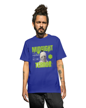 Home Blue oversized streetwear T-shirt featuring Midnight Terror graphic print with mummy artwork and neon green typography.