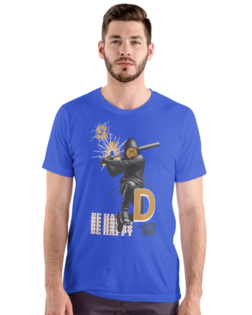 Blue t-shirt featuring a streetwear graphic of a hooded character with a smiley face mask holding a baseball bat, with motivational typography and urban fashion artwork.