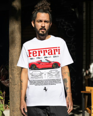 Ferrari F8 blueprint graphic t-shirt in white color with automotive technical design