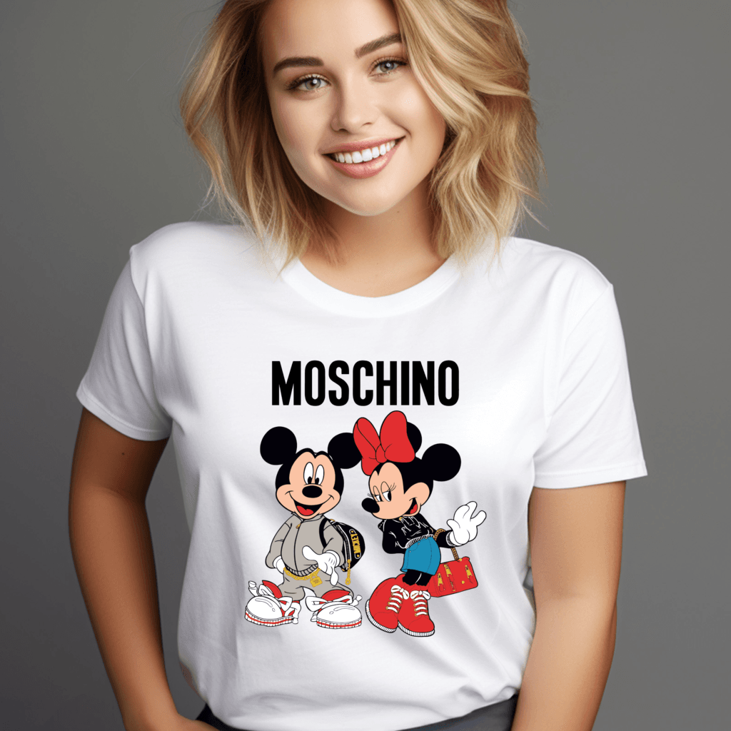 Moschino-inspired Mickey & Minnie graphic printed white regular fit T-shirt for women